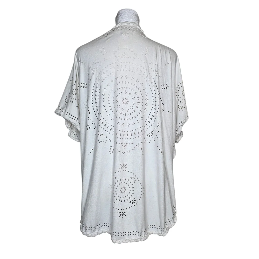 CATO womens Ivory Eyelet Open Front Kimono Boho Style Short Sleeve Size XL - Picture 2 of 9